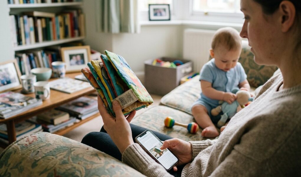 Une main de parent compare une référence inscrite sous un jouet bébé (livre, hochet, porte-clés) avec la fiche d'un rappel