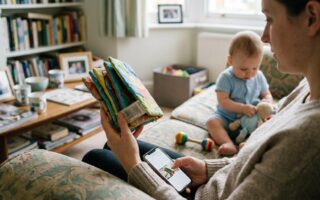 Une main de parent compare une référence inscrite sous un jouet bébé (livre, hochet, porte-clés) avec la fiche d'un rappel