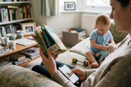 Une main de parent compare une référence inscrite sous un jouet bébé (livre, hochet, porte-clés) avec la fiche d'un rappel