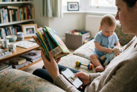Une main de parent compare une référence inscrite sous un jouet bébé (livre, hochet, porte-clés) avec la fiche d'un rappel