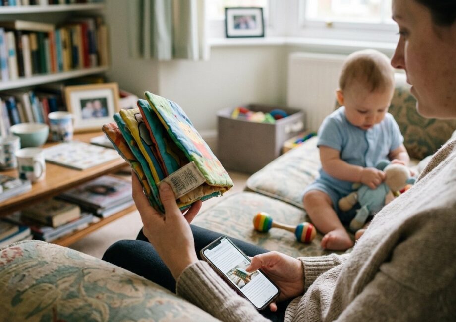 Une main de parent compare une référence inscrite sous un jouet bébé (livre, hochet, porte-clés) avec la fiche d'un rappel