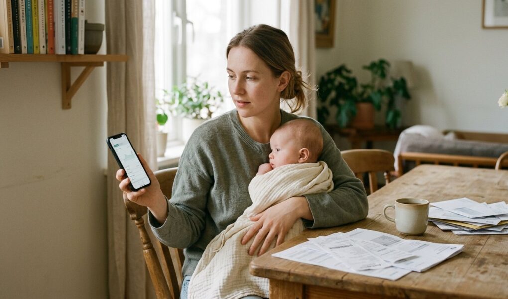 Un jeune parent consulte son espace Ameli sur son smartphone en tenant son bébé, avec des factures posées sur la table à côté