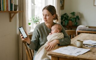 Un jeune parent consulte son espace Ameli sur son smartphone en tenant son bébé, avec des factures posées sur la table à côté