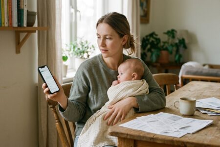 Un jeune parent consulte son espace Ameli sur son smartphone en tenant son bébé, avec des factures posées sur la table à côté