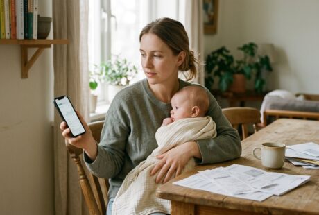 Un jeune parent consulte son espace Ameli sur son smartphone en tenant son bébé, avec des factures posées sur la table à côté