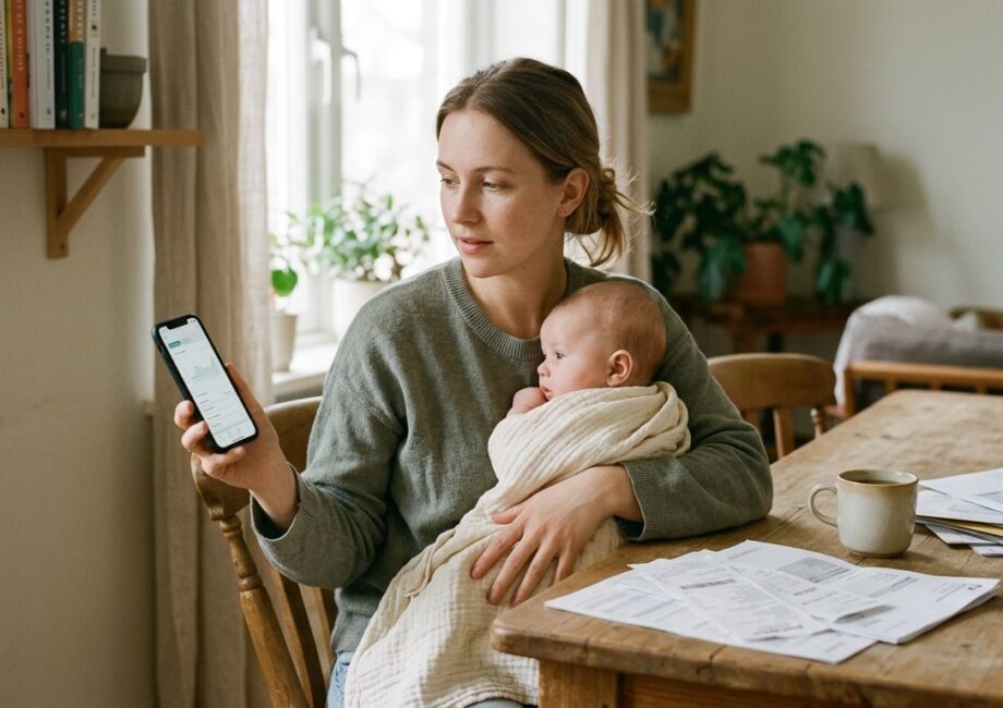 Un jeune parent consulte son espace Ameli sur son smartphone en tenant son bébé, avec des factures posées sur la table à côté