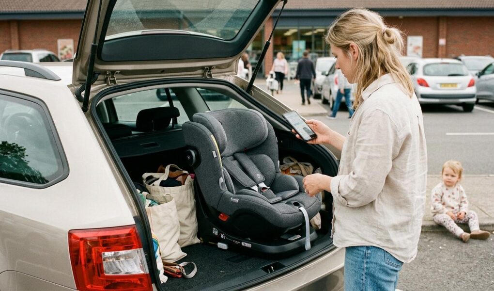 Un parent compare sur son telephone le prix d'un siege auto i-Size pose dans le coffre d'une voiture
