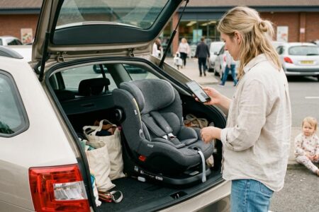 Un parent compare sur son telephone le prix d'un siege auto i-Size pose dans le coffre d'une voiture