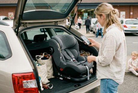 Un parent compare sur son telephone le prix d'un siege auto i-Size pose dans le coffre d'une voiture