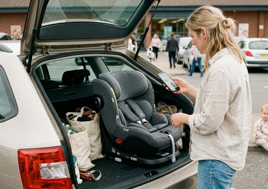 Un parent compare sur son telephone le prix d'un siege auto i-Size pose dans le coffre d'une voiture