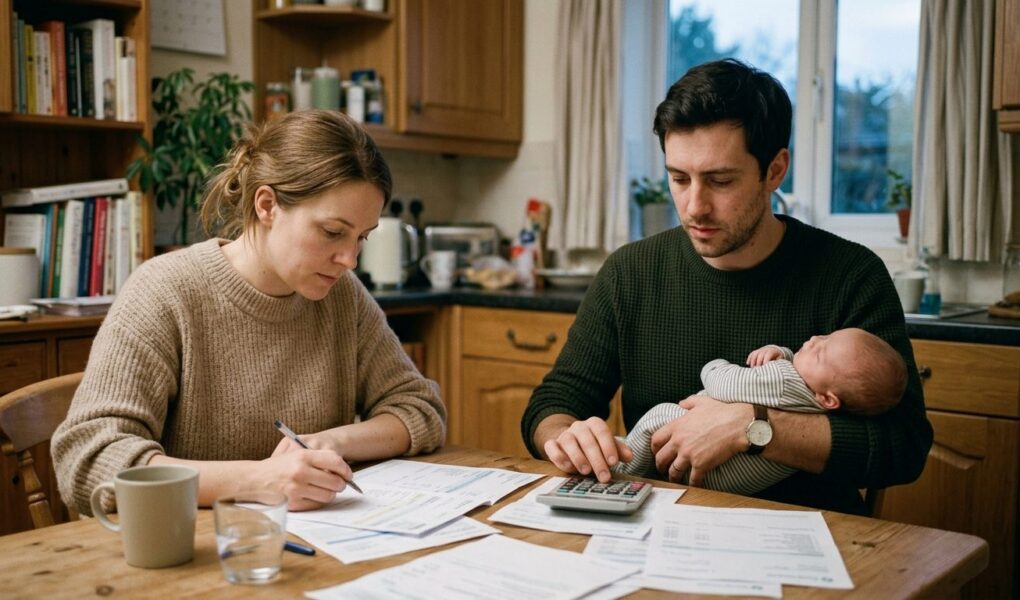 Un couple de jeunes parents assis à table, calculette et relevé bancaire devant eux, un bébé endormi dans les bras du père