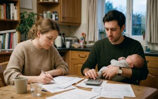 Un couple de jeunes parents assis à table, calculette et relevé bancaire devant eux, un bébé endormi dans les bras du père