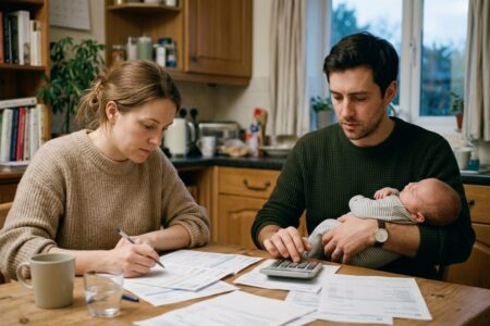 Un couple de jeunes parents assis à table, calculette et relevé bancaire devant eux, un bébé endormi dans les bras du père