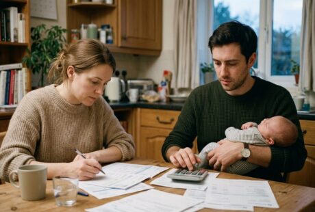 Un couple de jeunes parents assis à table, calculette et relevé bancaire devant eux, un bébé endormi dans les bras du père