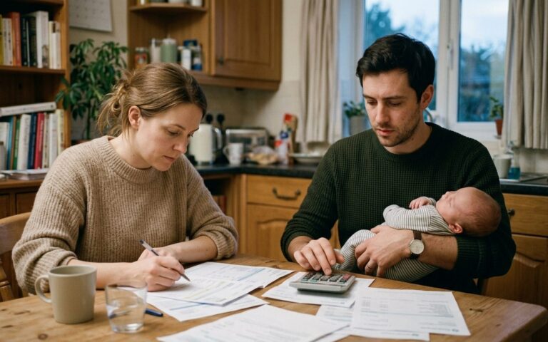 Un couple de jeunes parents assis à table, calculette et relevé bancaire devant eux, un bébé endormi dans les bras du père