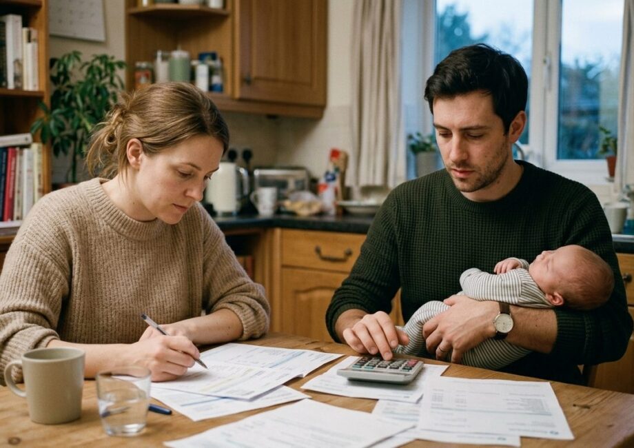 Un couple de jeunes parents assis à table, calculette et relevé bancaire devant eux, un bébé endormi dans les bras du père