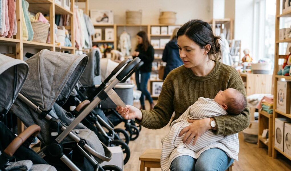 Un parent lit l'étiquette d'une poussette neuve dans un magasin de puériculture, en tenant son bébé
