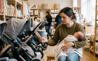 Un parent lit l'étiquette d'une poussette neuve dans un magasin de puériculture, en tenant son bébé