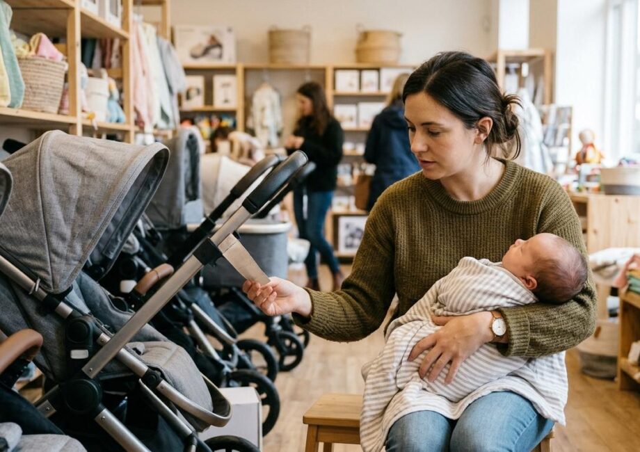Un parent lit l'étiquette d'une poussette neuve dans un magasin de puériculture, en tenant son bébé