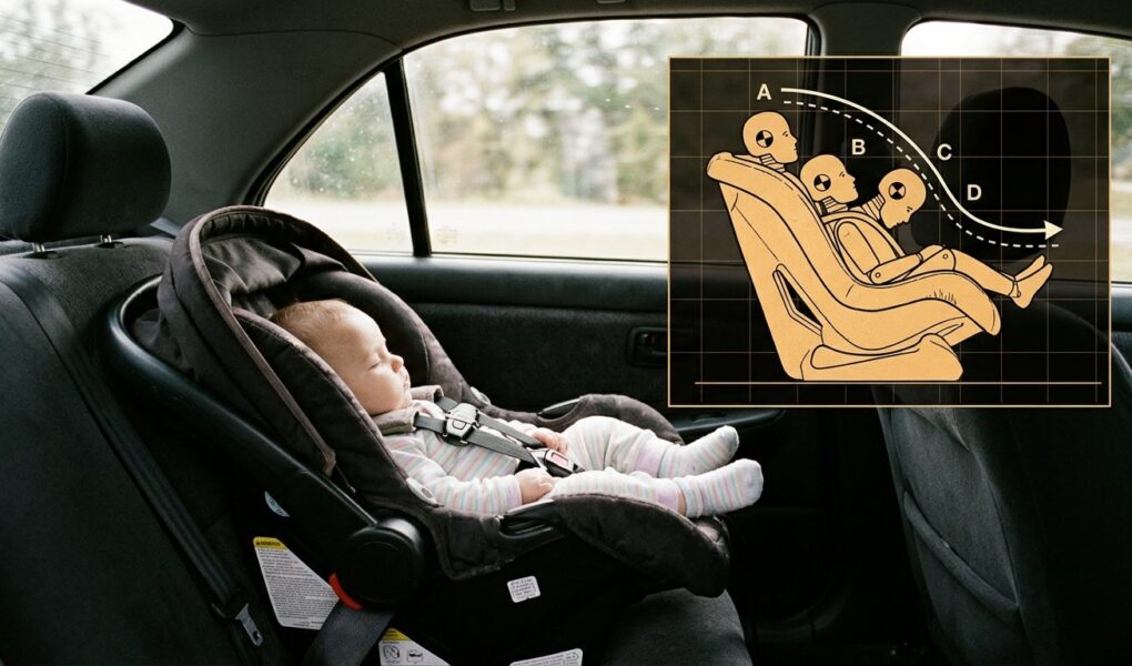 Un siège auto bébé vu de profil dans une voiture, avec en incrustation un schéma de crash-test montrant la trajectoire du