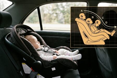 Un siège auto bébé vu de profil dans une voiture, avec en incrustation un schéma de crash-test montrant la trajectoire du