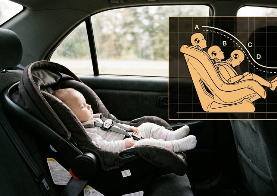 Un siège auto bébé vu de profil dans une voiture, avec en incrustation un schéma de crash-test montrant la trajectoire du